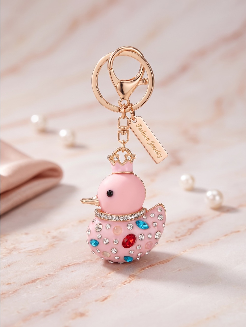 Pink Rhinestone Duck Keychain Bag Charm Crown Gold Tone Fashion Jewelry New
